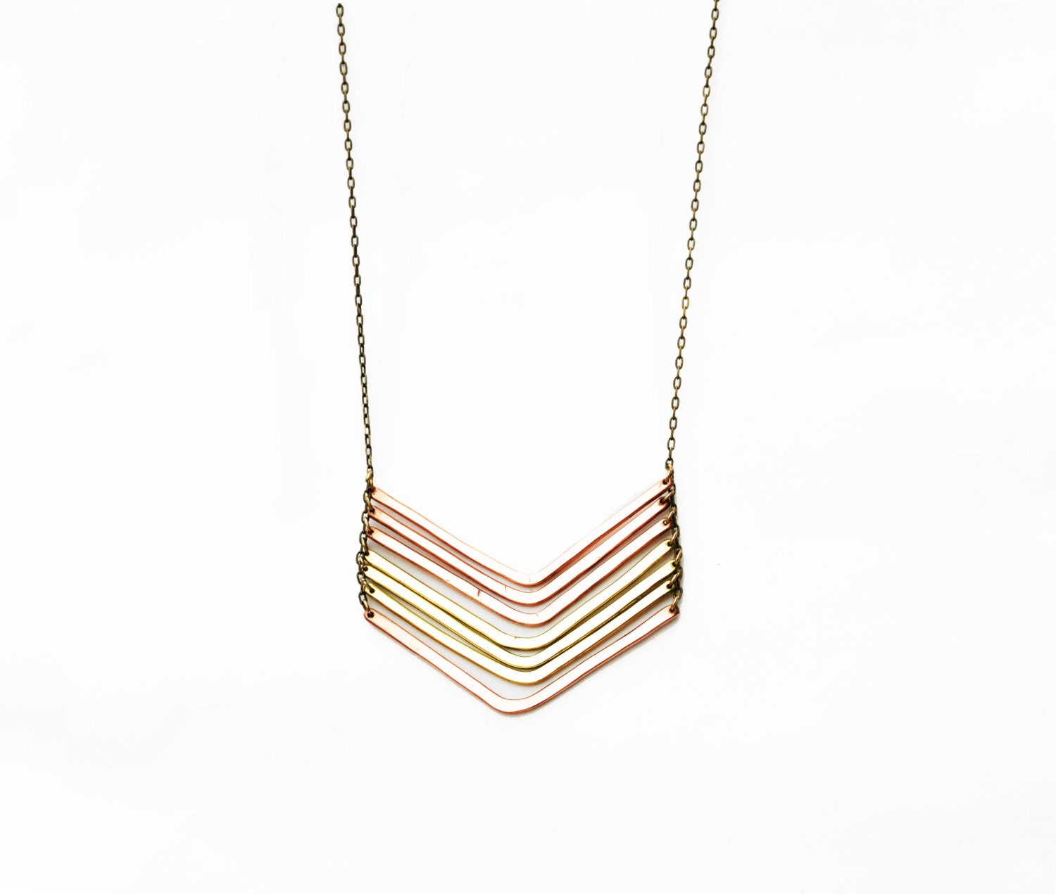 Chieftess- Hammered Brass and Copper Stacked Chevron Necklace