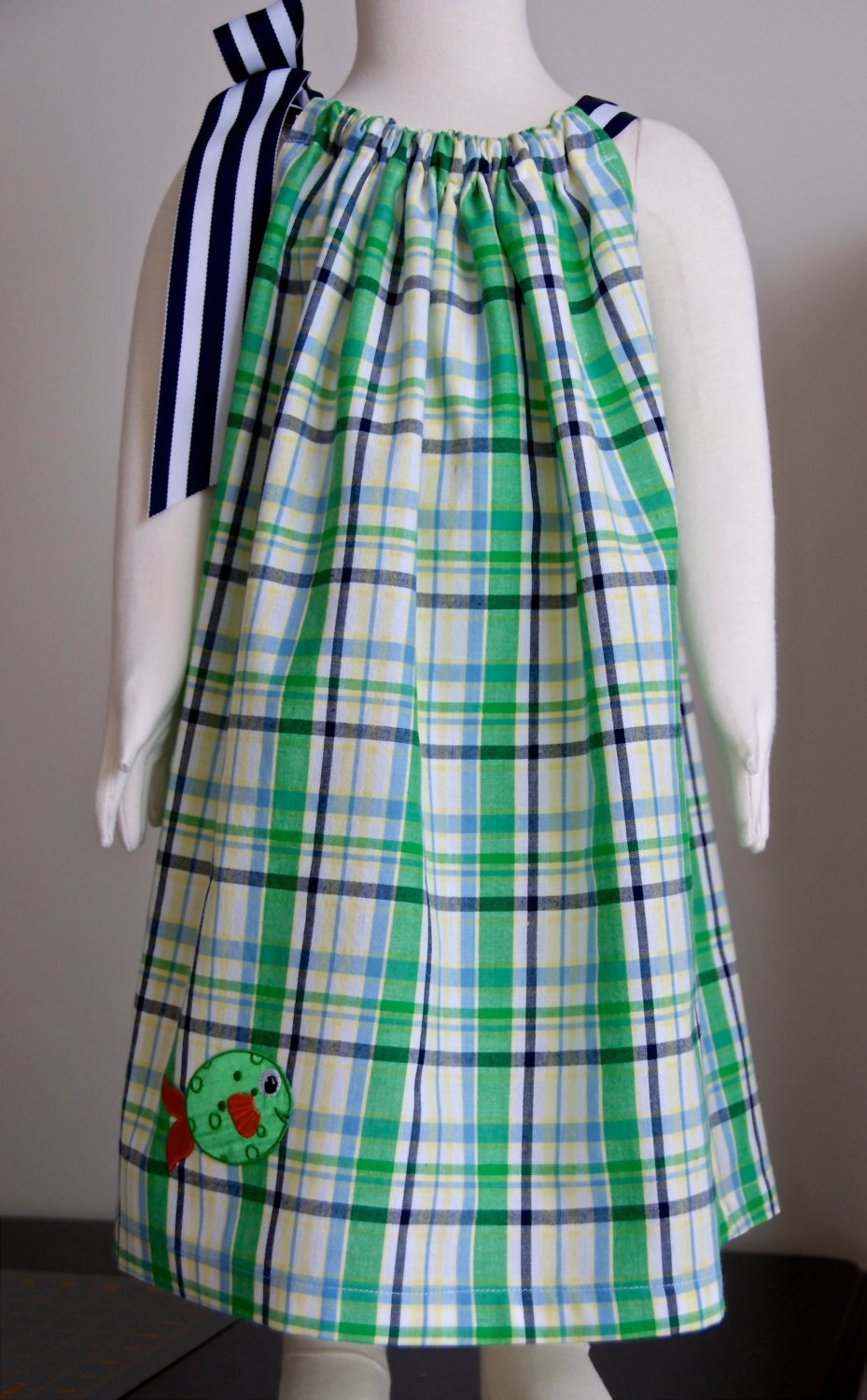 Toddler Girls Pillowcase/Sundress in Green, Blue, Navy and White Plaid Featuring a Fun Fish Applique- Size 2T