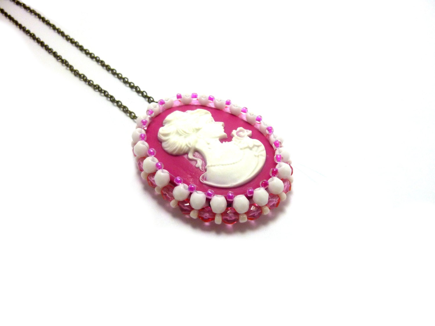 Free Shipping, Victorian Necklace, Cameo Necklace, Spring Trends, beadwork, handmade, pink, fuchsia, victorian, Spring, Neon, jewelry. NP12