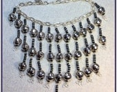 Silver Black Charm Statement Necklace & Earring Set, Huge Metal Bell Bead Bib, Ethnic Necklace, Crystal Chandelier Jewelry Handmade in Italy
