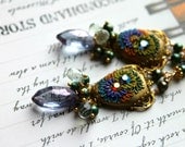 Mystic purple Blue Quartz,pine green pearls, prasiolite, gold earrings with vintage filigree and clay floral details - A Posy of Periwinkles
