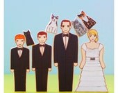 Custom  Family Wedding Cake Topper- Two Adults, Two Children, Three Pets