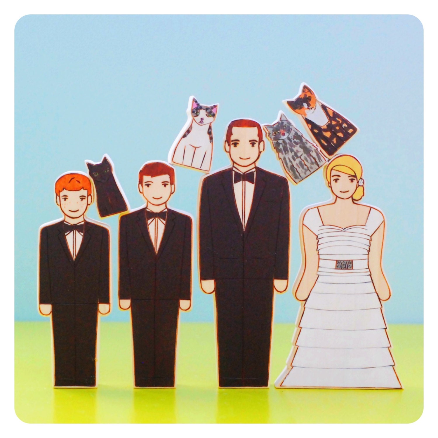 Custom  Family Wedding Cake Topper- Two Adults, Two Children, Three Pets