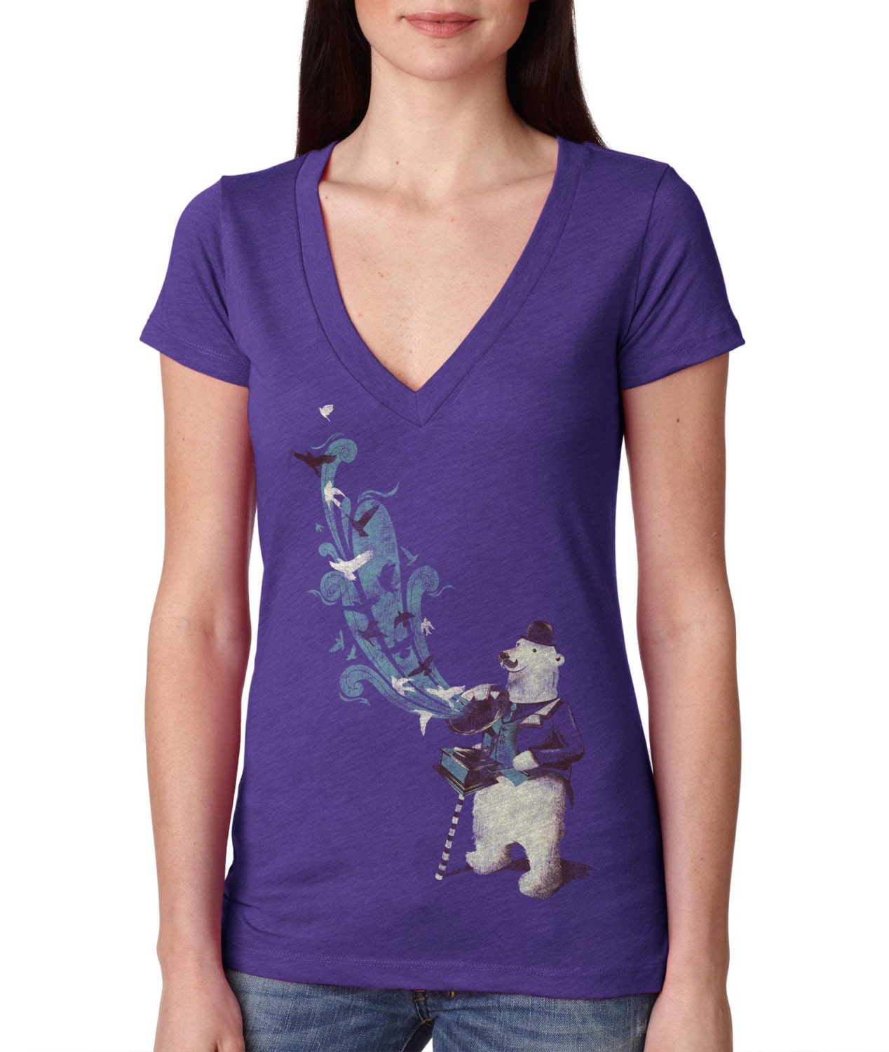 Womens Dapper Bear Tee, Polar Bear Shirt, Musical Bear T Shirt, Tri-Blend Purple V-Neck, Available S M L XL XXL