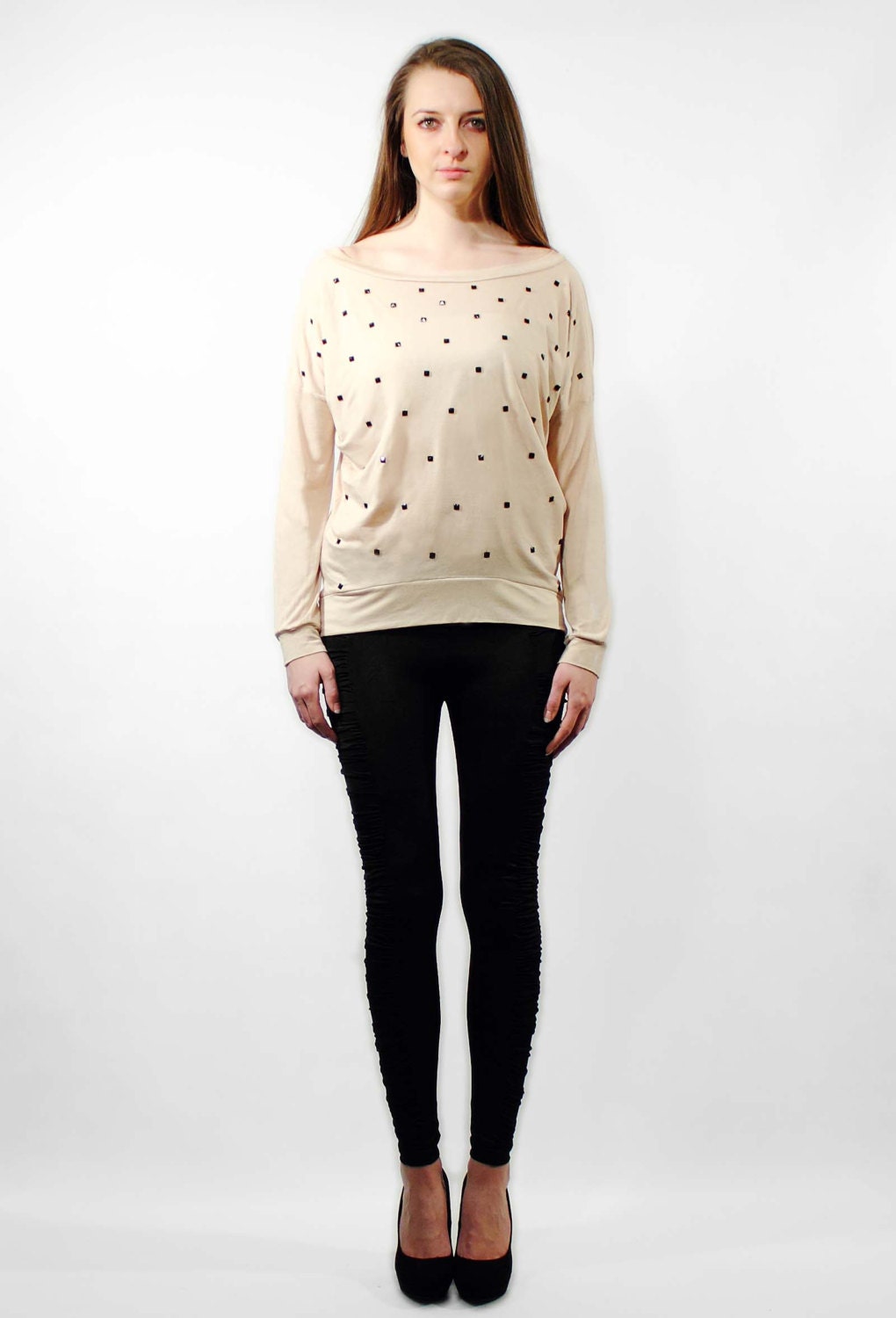 Women studded sweater, Light brown sweater, Loosefit sweater, Light brown, Black studs, Summer trendy sweater