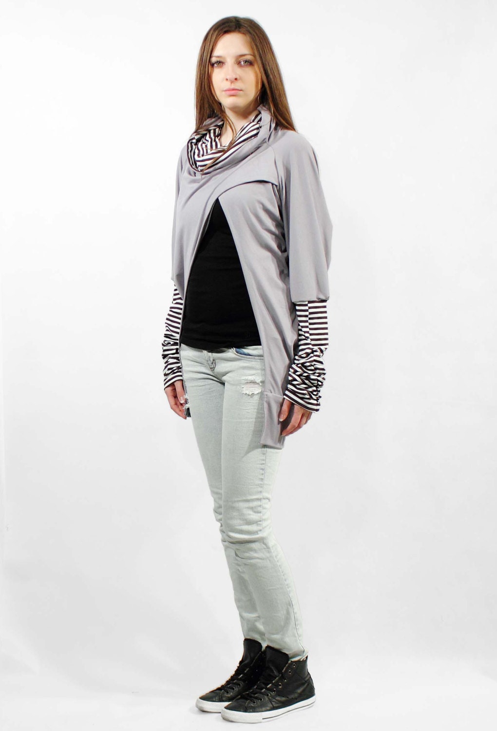 Gray loose sweater, Striped sweater, Long sweater