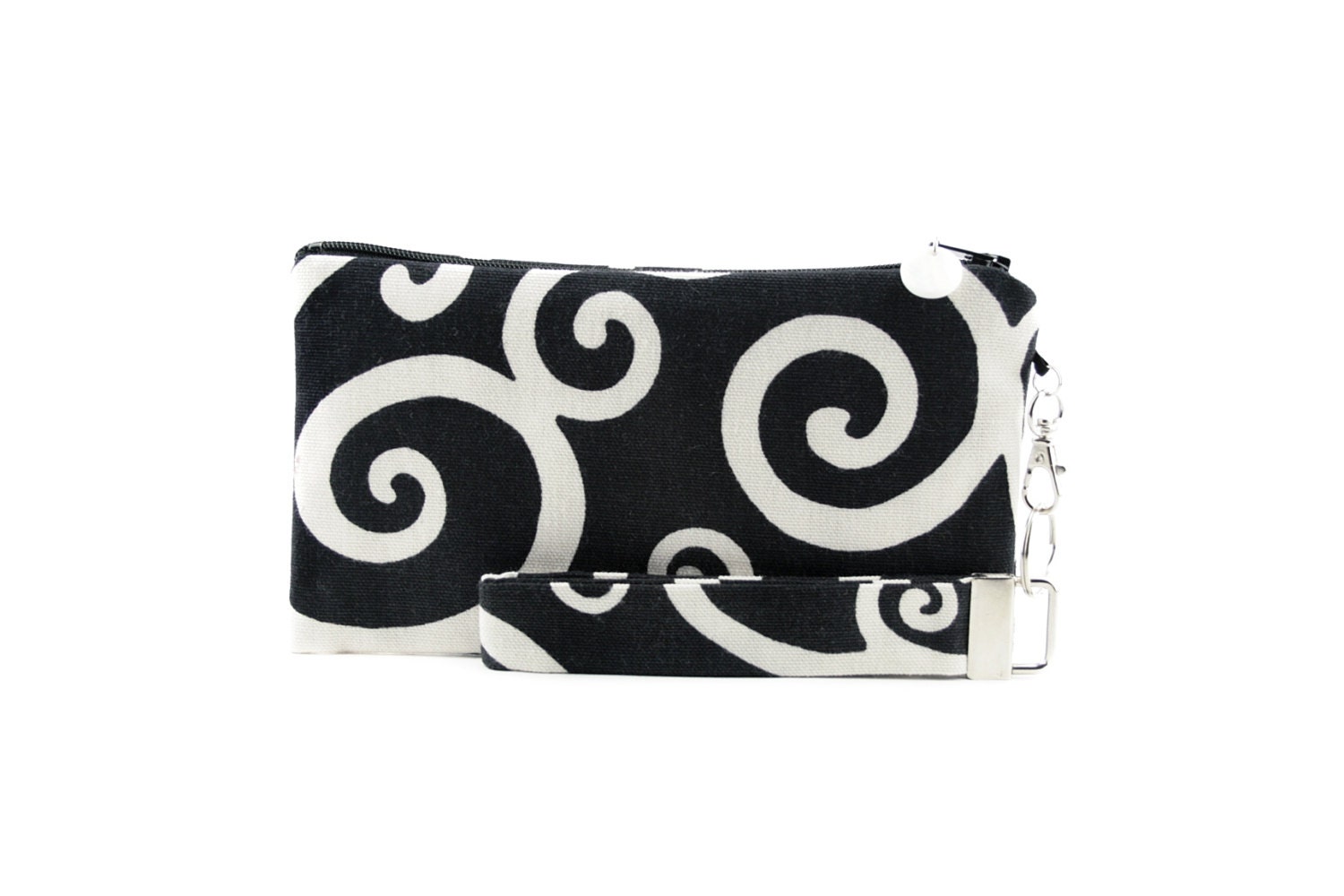 Black and white swirl wristlet / clutch / small purse / zipper pouch & detachable key fob gift set for women in modern style