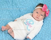 Baby Girl Onesie or Infant Gown and Rosette Hair Bow with Rhinestone - Aqua and Hot Pink Damask Applique - Newborn thru 12 months