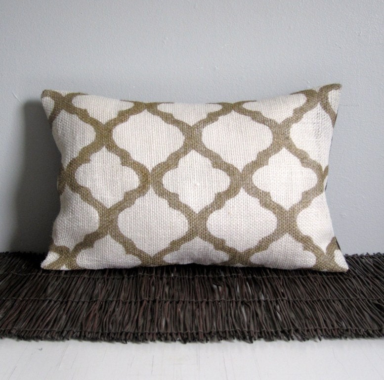 Metallic Gold Moroccan Design Marrakesh Lattice Hand Painted Burlap Pillow Cover-Envelope Opening on Back 12x18 Lumbar