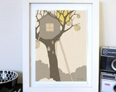 Tree House, Illustration Print, Wall Art Decor 6x8'