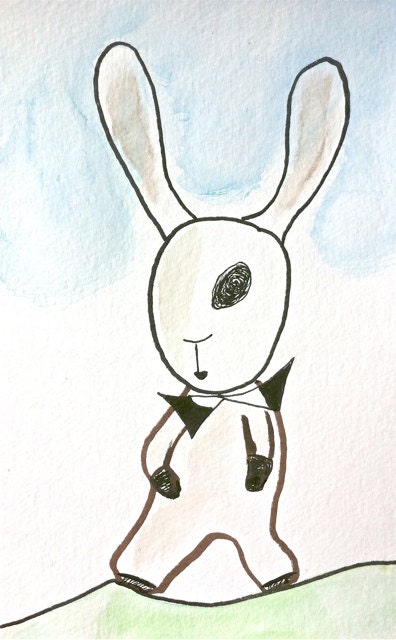 Bunny with Bow Tie-Original Mixed Media- 5.x7.5 on Achival Paper-Ink - Watercolor- Fun-Minimal-Modern - oneeyedgirls