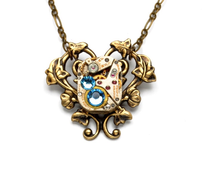 Steampunk Necklace Steam Punk Jewelry Vintage Watch Movement Aquamarine March Birthstone Steampunk Jewelry by Victorian Curiosities