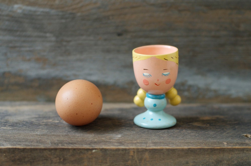 Rare Vintage Italian Wooden Egg Cup Holder - Girl with Braids