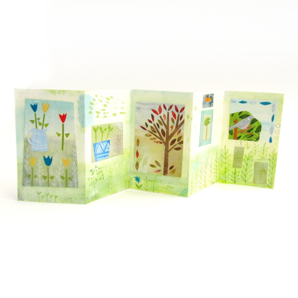 One off Artist Book - Painted/ Collage Zig Zag Book - Garden