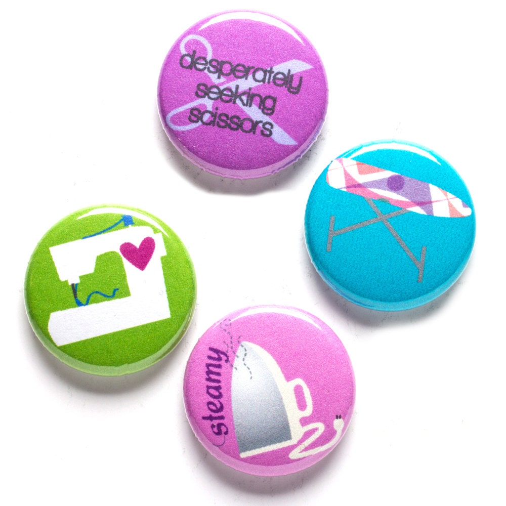 Sewing Theme Buttons, 1 inch pin back, Steamy Sewing Tools, Set of 4