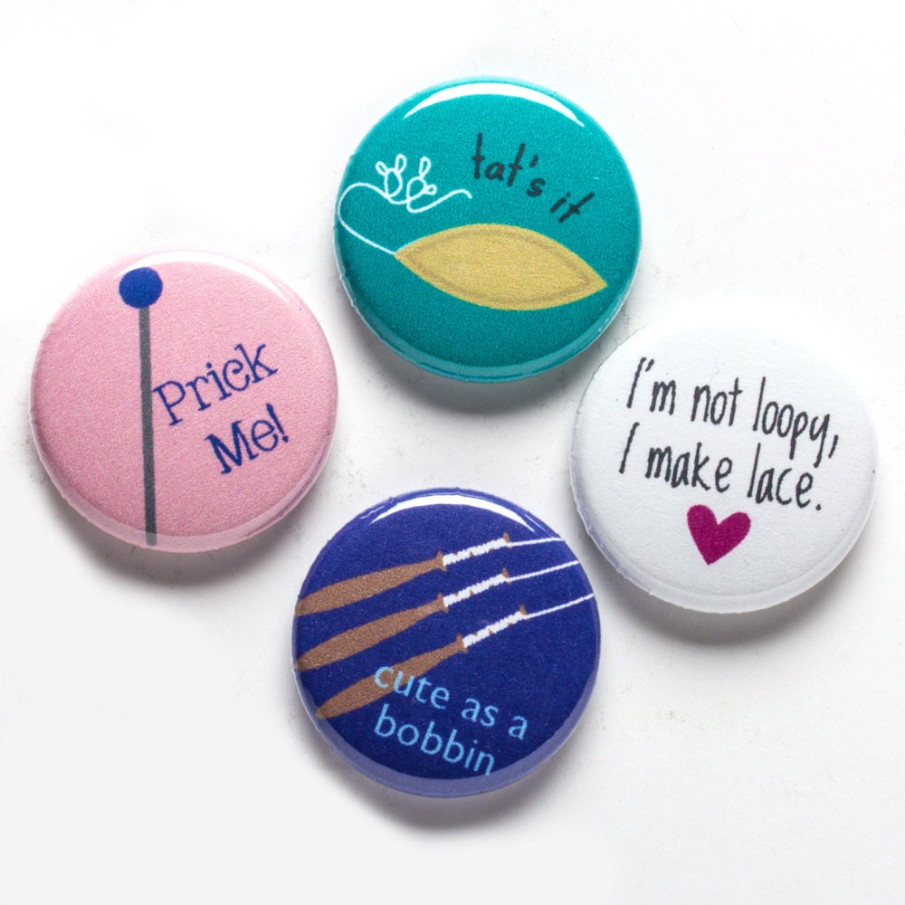 Lace Maker Theme Buttons, 1 inch pin back, Loopy Lace, Set of 4