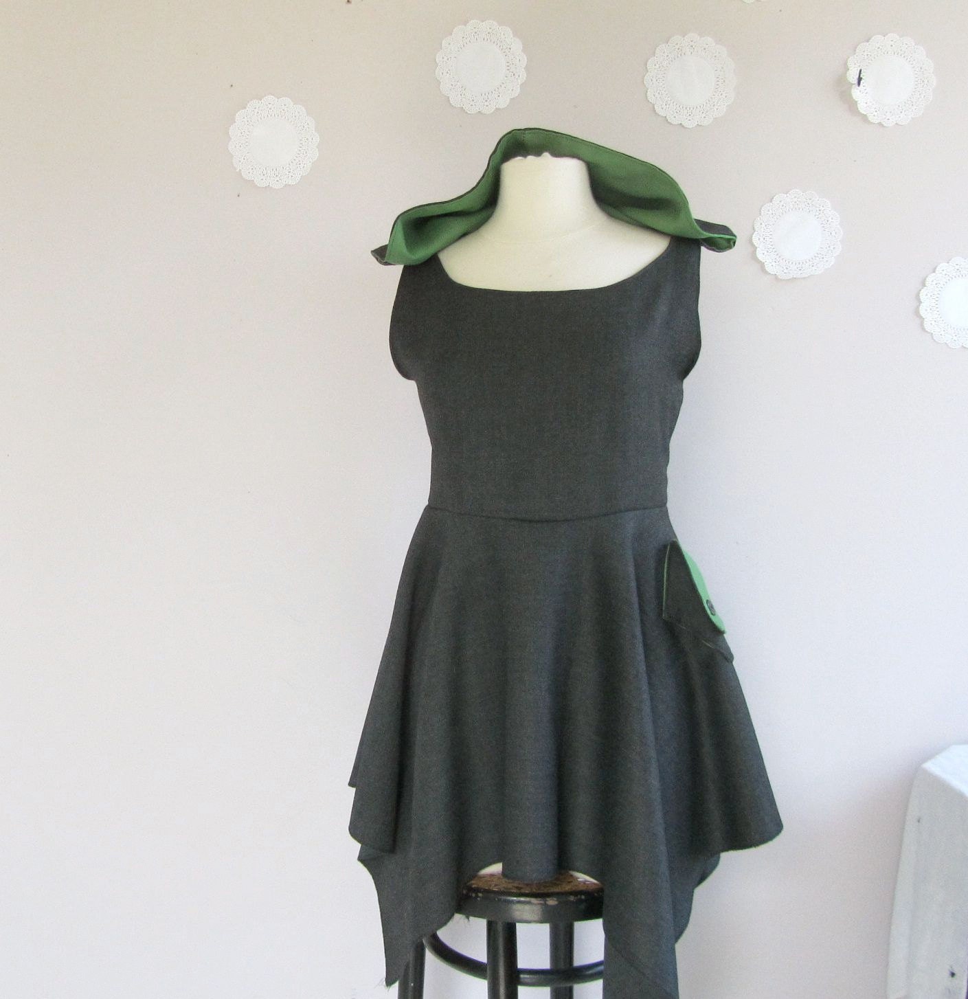 Hooded Dress Tunic with asymmetrical hem and contrast lining womens clothing
