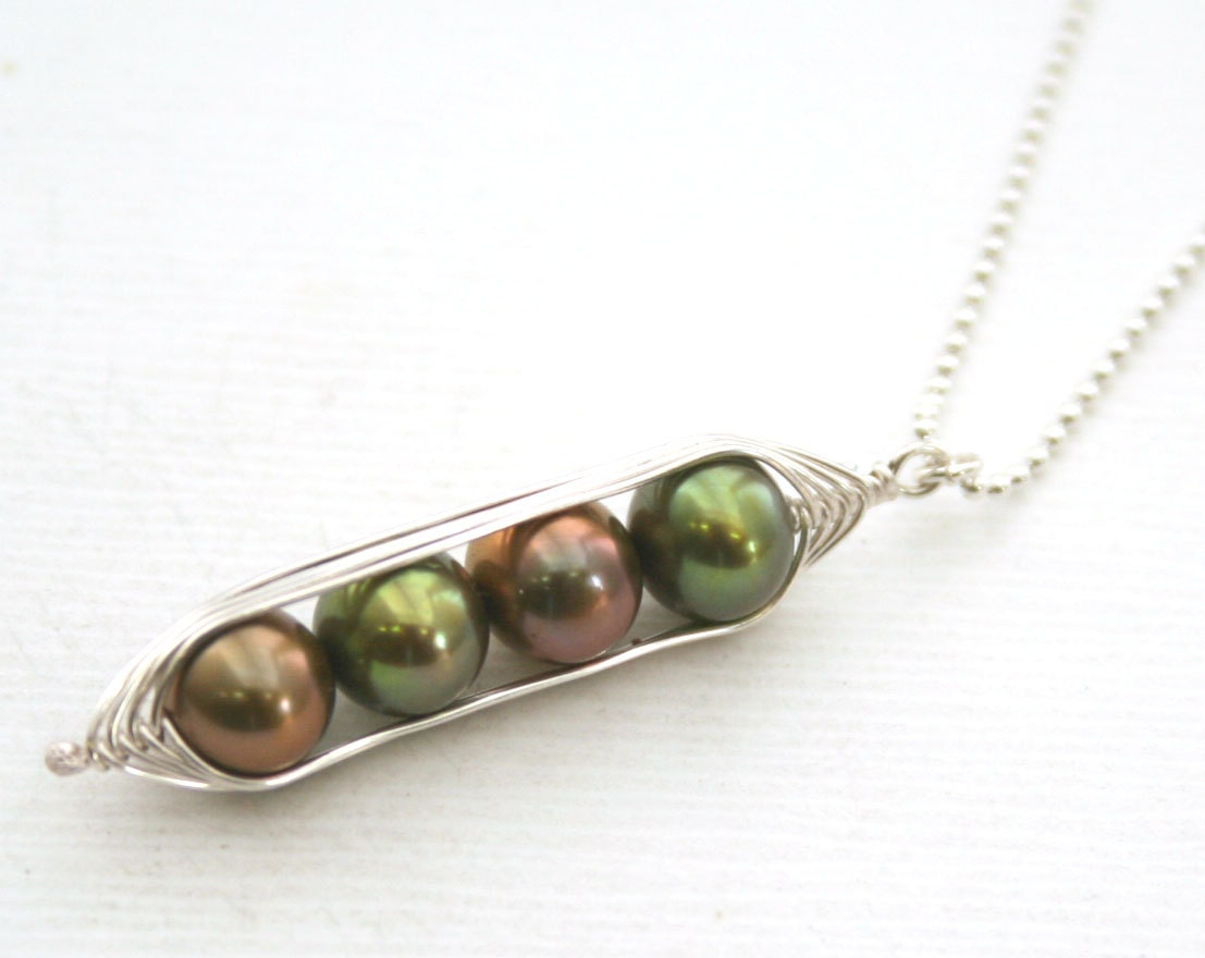 Peapod necklace. Four peas in a pod, metallic forest green pearl pendant on sterling silver chain.
