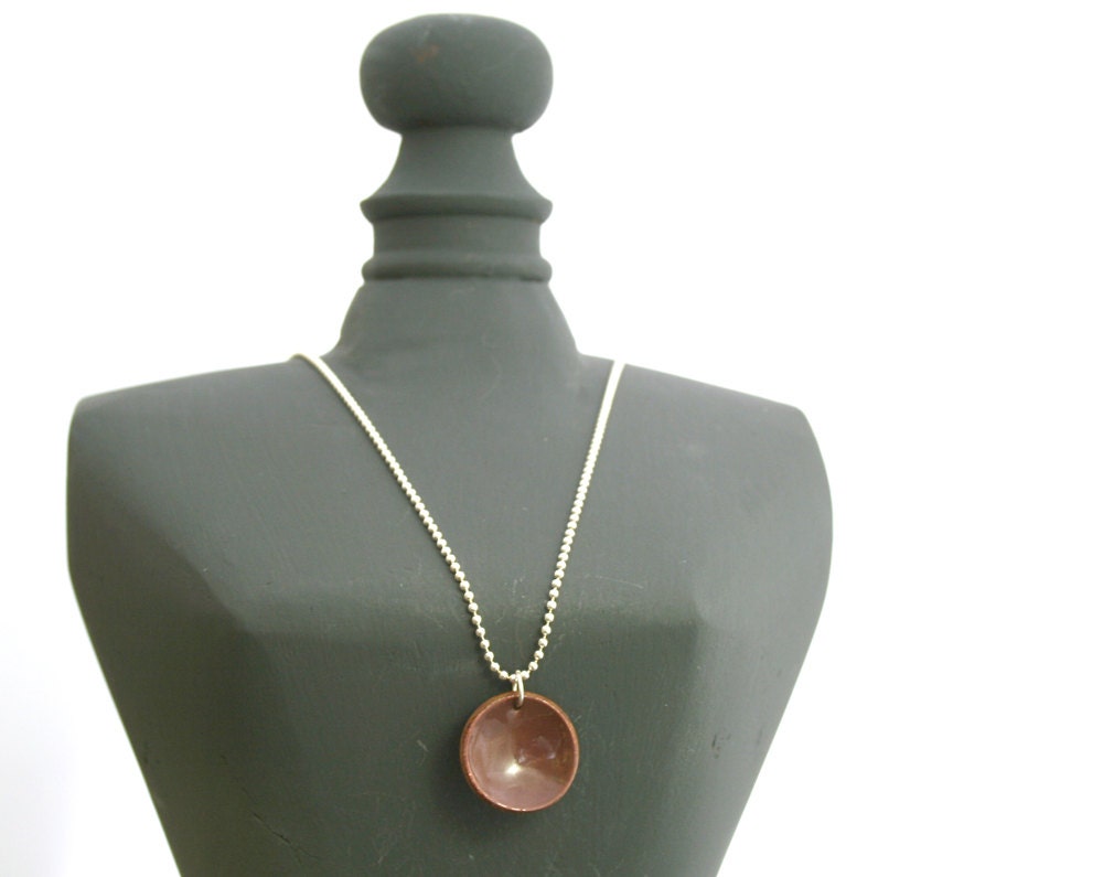 Enameled lucky penny pendant necklace on basemetal chain, Mocha.