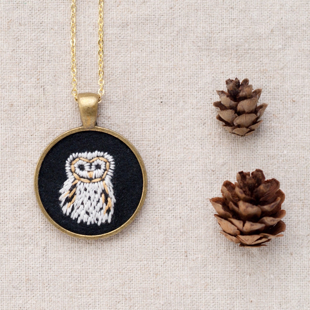 Embroidered Necklace - Barn Owl - Totem Animal Pendant - Stitched Felt - Gold Plate Circle