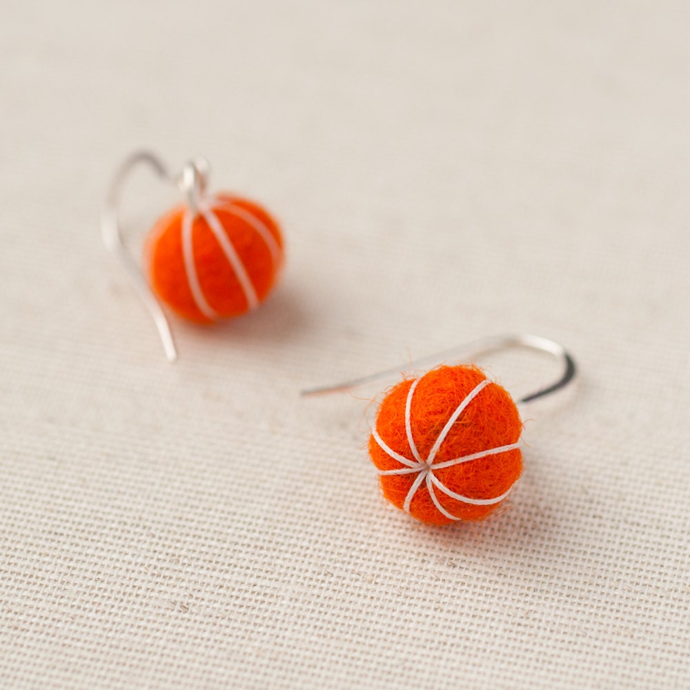 Felt Ball Earrings - Orange - Stitched Putka Pods - Lightweight Accessory