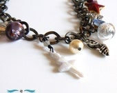 Panto charm statement necklace with charms, crystal, Cloisonne stars and agate beads