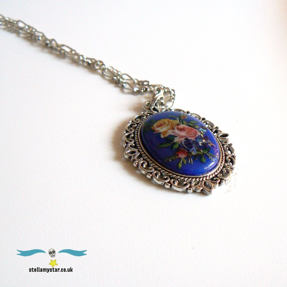 Floral cabochon charm necklace on 24" silver plated chain