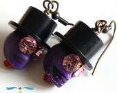 Top Hat Skull dangle earrings,purple  howlite skulls with top hats