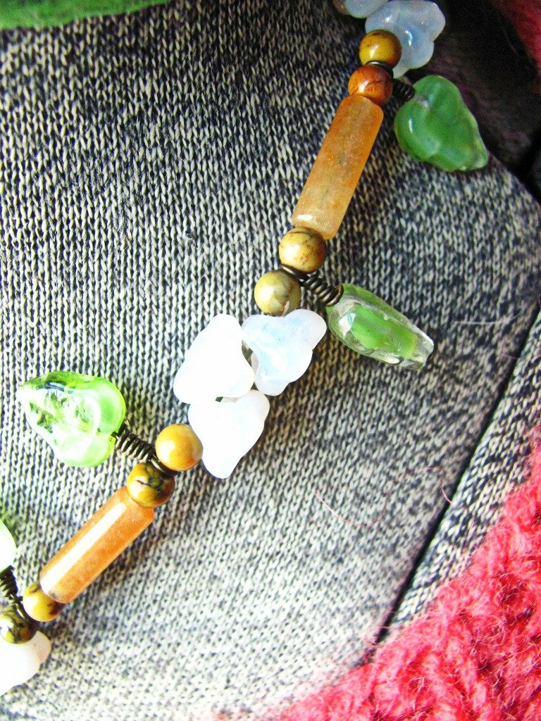 Flowers, Leaves and Stone Necklace with Brass Hook Artisan Closure