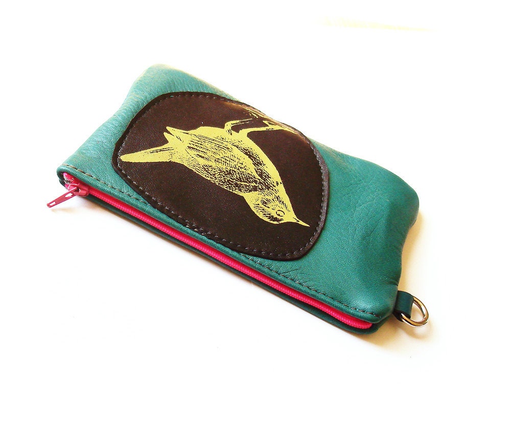 Bird Cell Phone Case in Teal and Black Leather