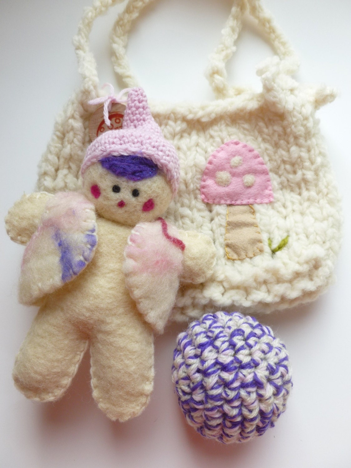 Waldorf inspired wool play set doll ball and bag