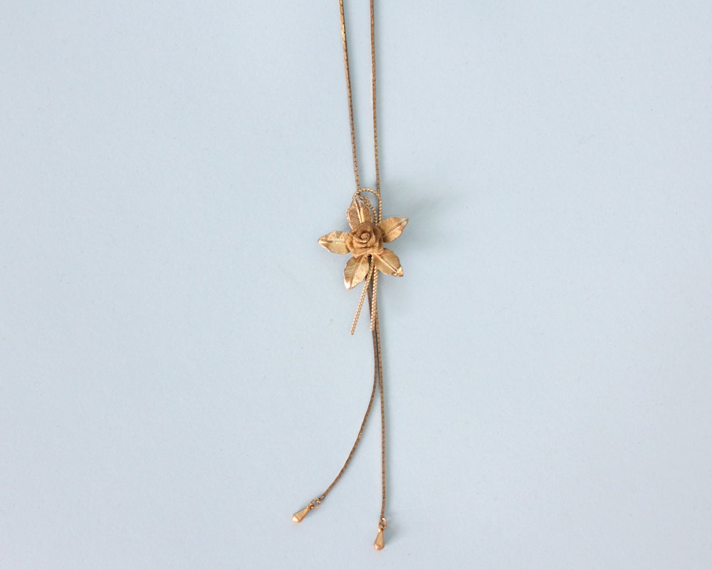 vintage 80s brass sliding floral bolo rose leaf chain necklace