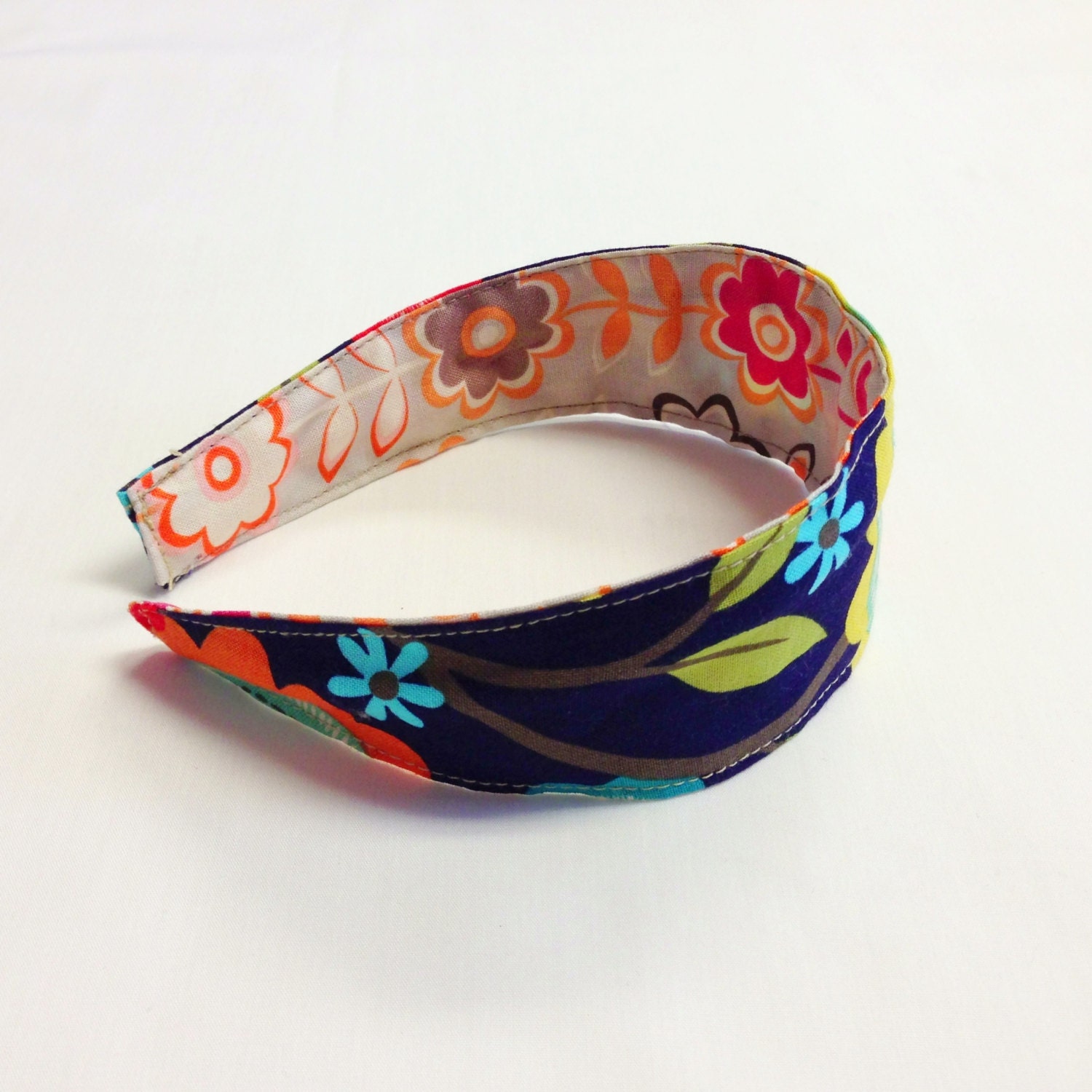 Reversible Fabric Covered Headband - Grey Floral and Navy Floral