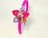 Flower Fabric Headband - Pink Headband with Polka Dot and Rainbow Flower