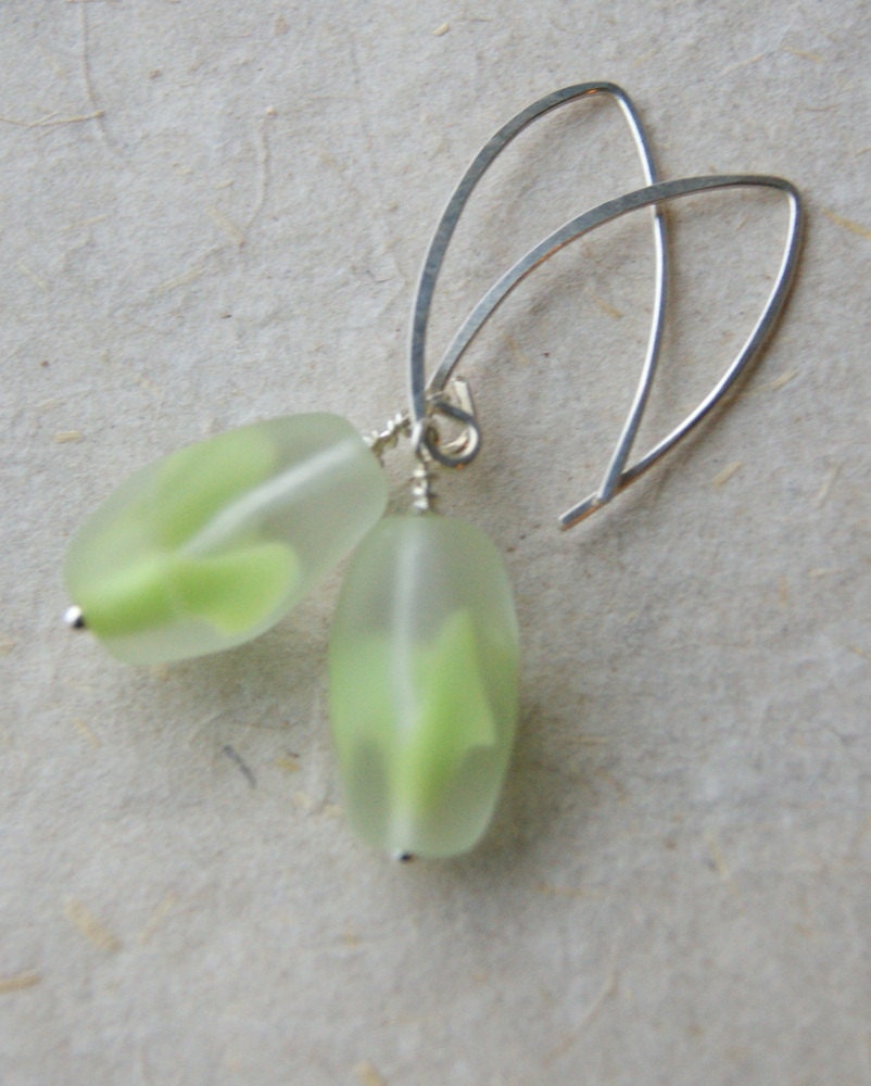Lime Green Glass Earrings, vintage givre glass beads, sterling silver earwires, Margarita