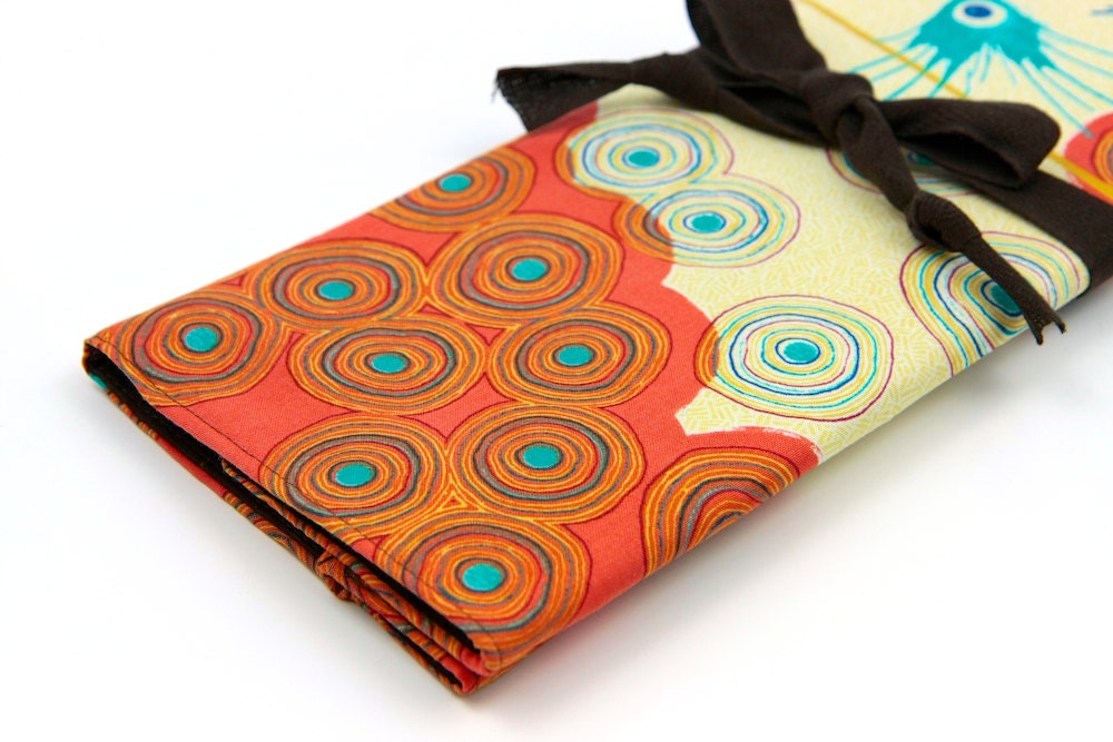 Knitting Needle Case Organizer Large Organizer - Cosmos Tangerine - 30 brown pockets for all sizes or paint brushes, colored pencils