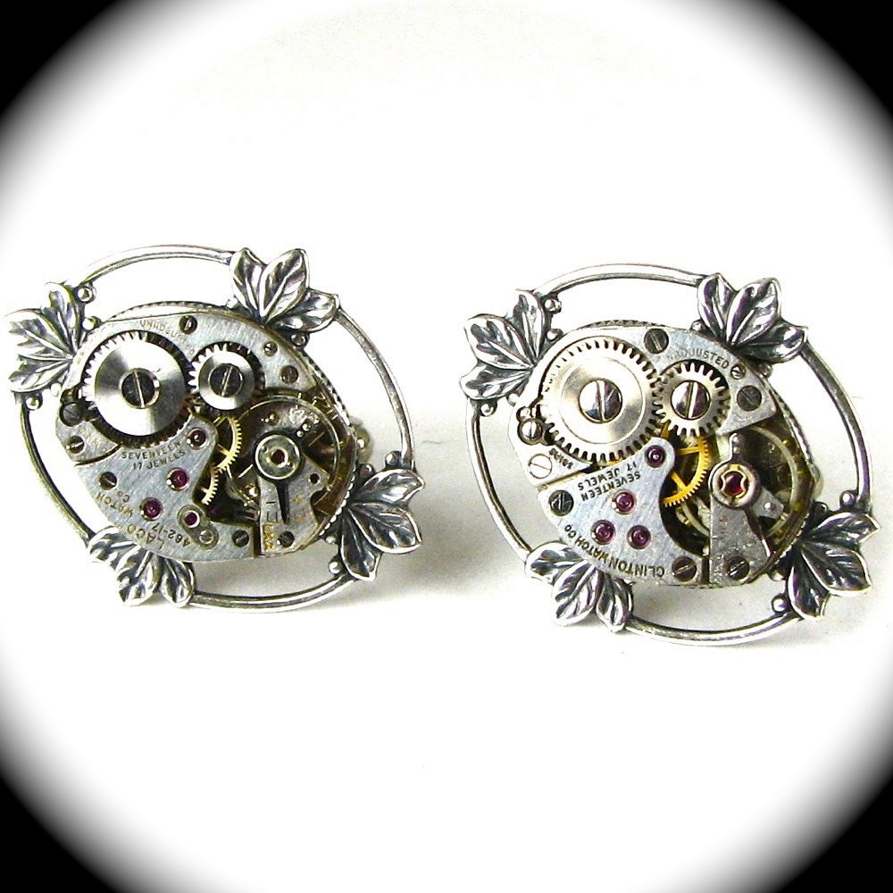 Steampunk Cuff Links Vintage Watch Movements Set in Silver Filigree Bezels by Nouveau Motley