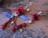 Red, White and Blue Patriotic Earrings with coral, lapis, kyanite, and sterling silver stars