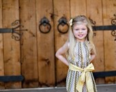 Ruffled Neck Party Dress for Babies, Toddlers & Girls DD Yellow Gray Chevron with Sash Easter