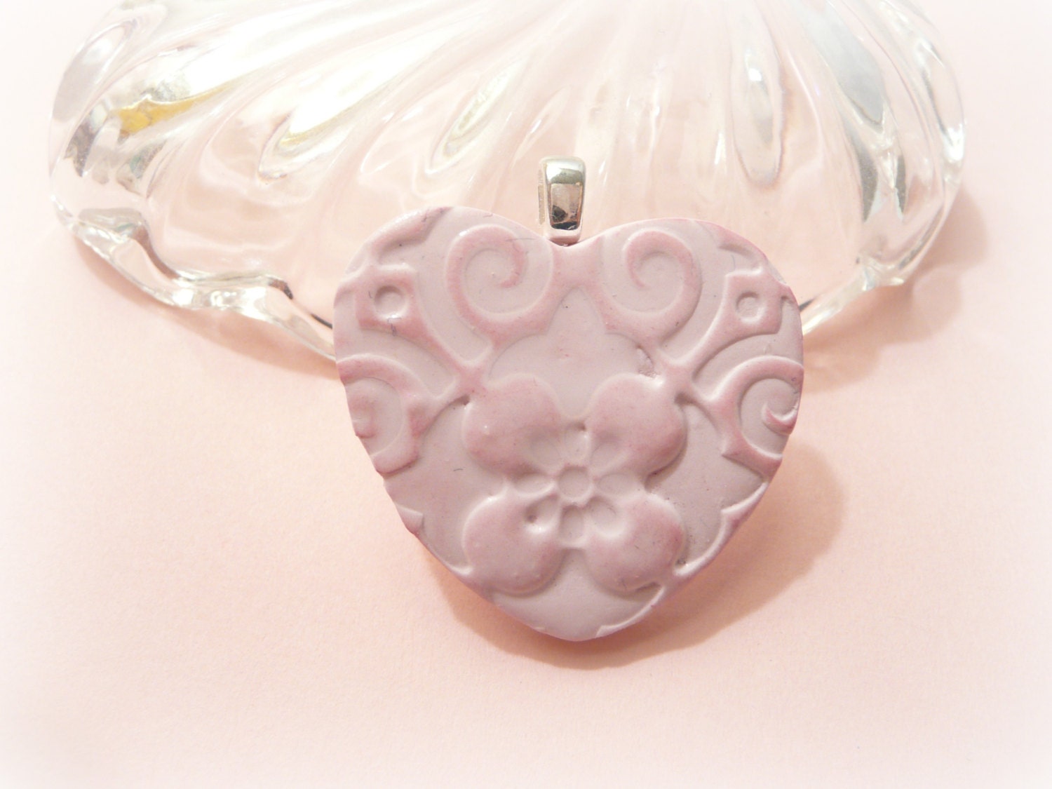 Pink Heart Pendant Flower Design - handmade polymer clay jewelry