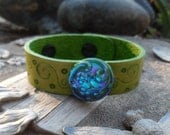 Lime Green Stamped Leather Button Braclet Cuff Wristband