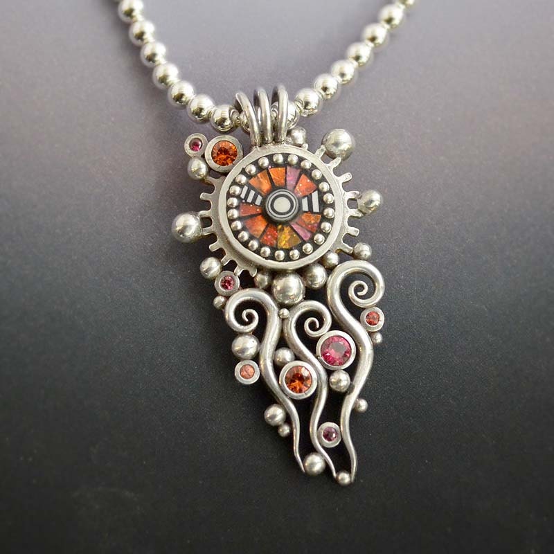 Silver Solstice Necklace Pendant with red and orange sapphires sterling silver bead inlay iridescent  polymer inlay