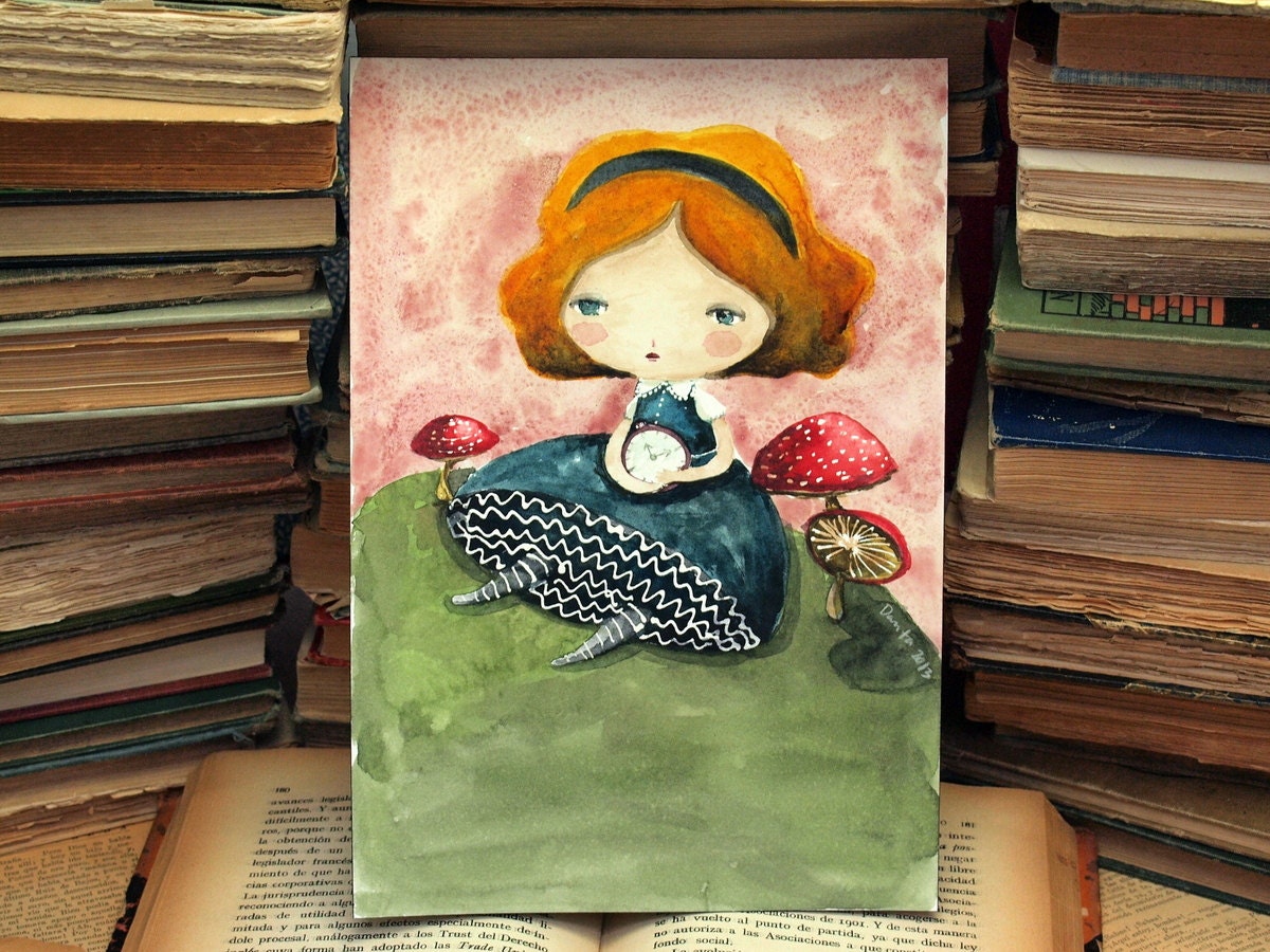 It's Getting Late For Alice - Original Watercolor Painting on Paper by Danita Art ( 7 x 10 Inches)