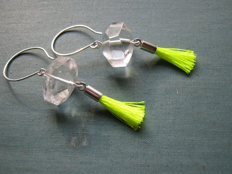 Crystal and Tassel earrings - clear quartz crystal, neon tassel, bright yellow