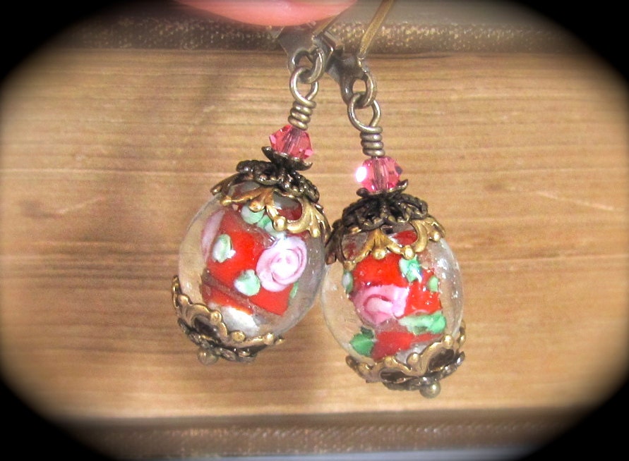 Red Dangle Earrings Lampwork Red Clear Rose Pink Swarovski Crystals Hawaiibeads