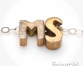 Custom TWO Initials - Tiny Vintage Brass Pendant on Sterling Silver Chain - Free US Shipping