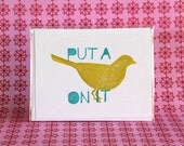 put a bird on it 3 cards: birds, mustaches, bicycles