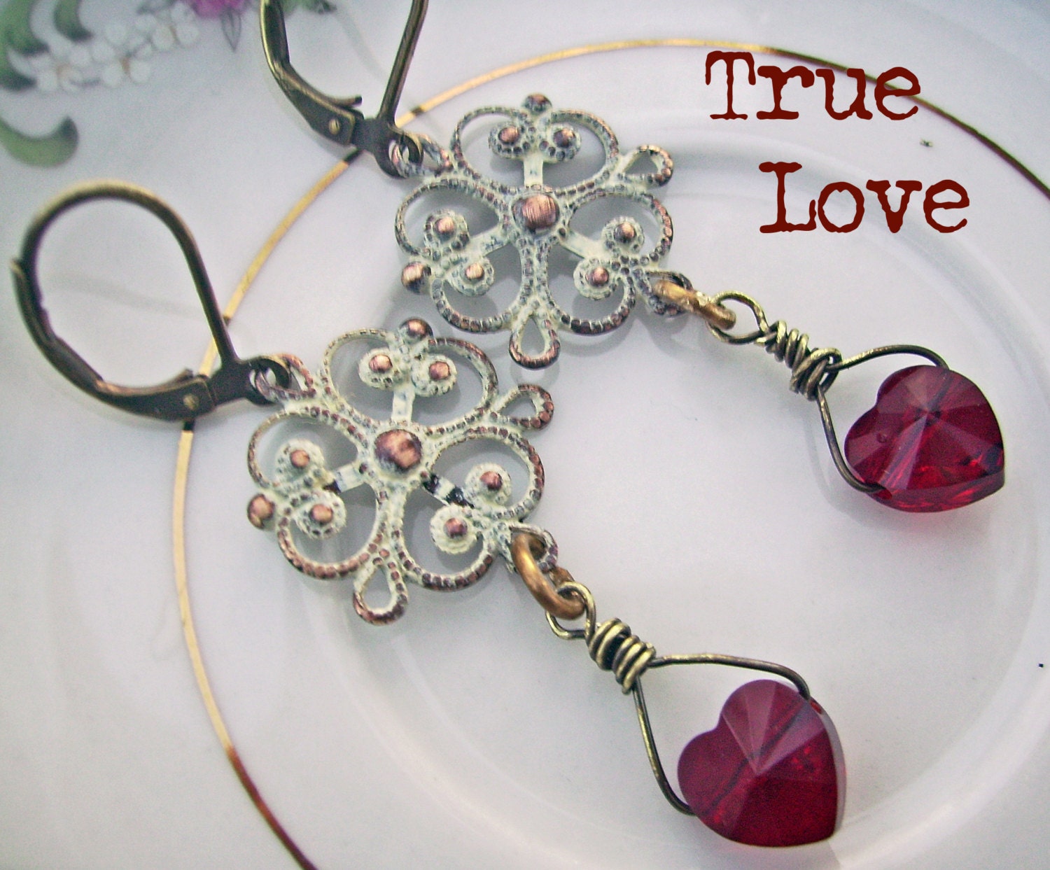Romantic Red Swarovski Heart & Patina Filigree Earrings - Estate Style - Mothers Day, Vintage inspired Jewelry -  TRUE LOVE