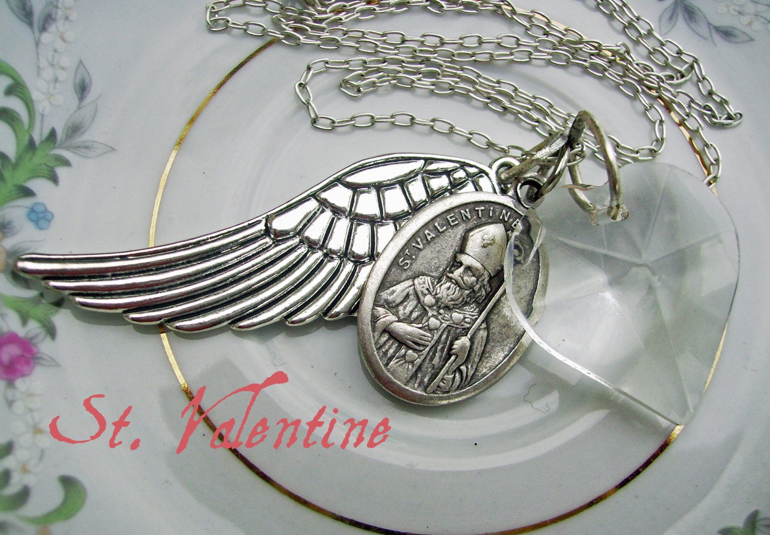 Sterling Silver Heart Medallion Wing Necklace, Vintage Inspired Romantic Estate Style - Valentines Jewelry - Patron Saint Valentine