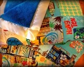 CUSTOM LARGE 36 x 46 Hawaiian print PATCHWORK Cuddle Size blanket with a scrumptious plush back and satin ribbon made with aloha on Maui